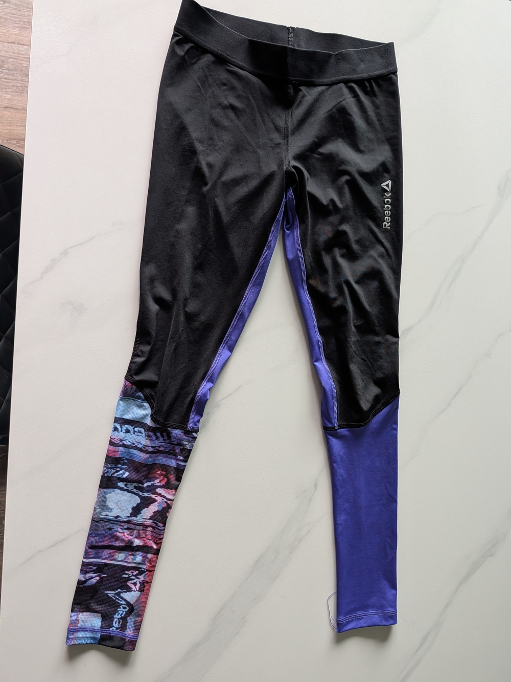 Reebok Black Leggings with Purple & Multicolor Patterned Cuffs